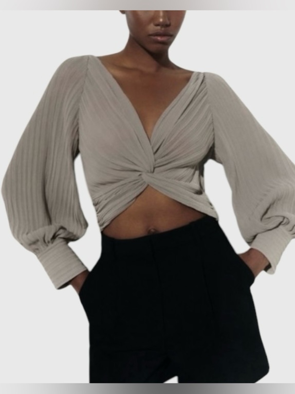Zara Taupe Twist-Front Pleated Balloon Sleeve Crop Top